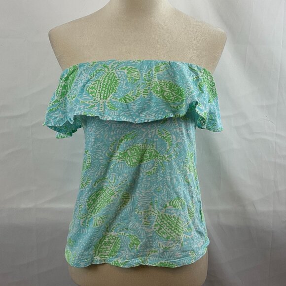 Lilly Pulitzer Wiley Ruffle Top S Blue Green White Print Strapless - Picture 1 of 8